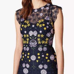 Karen Millen Embroidered Multicolored Laser Cut 3D Mesh Floral Mini Dress Size 6